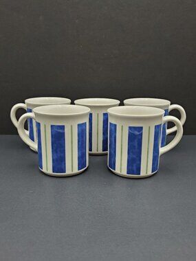 Pfaltzgraff Wyngate Stripe Mugs Blue & Green Stripes Lines Panels Coffee Cups